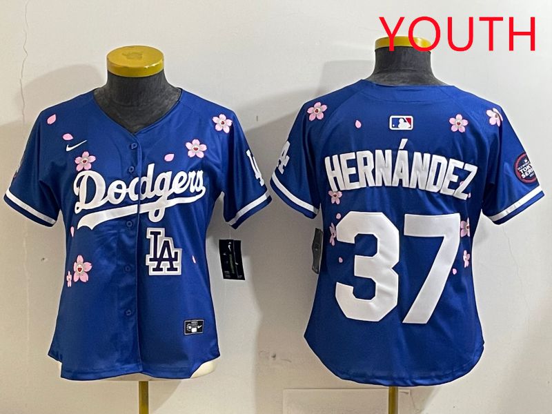 Youth Los Angeles Dodgers #37 Hernandez Blue Sakura Edition 2025 Nike MLB Jersey style 9
